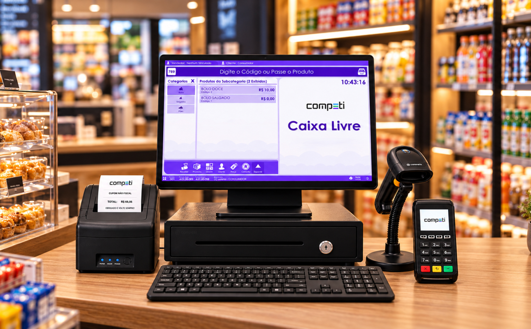 Sistema PDV Competi com monitor, impressora, scanner e maquininha em um balcão de loja